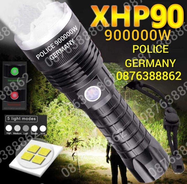 ПРОМО! Мощен лед фенер 900000 лумен POLICE, USB, акумулаторен, зуум