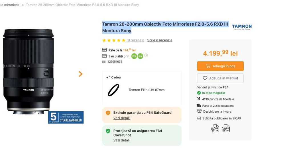 Tamron 28-200mm F2.8-5.6 RXD III Montura Sony. Ca nou, 600 de cadre!