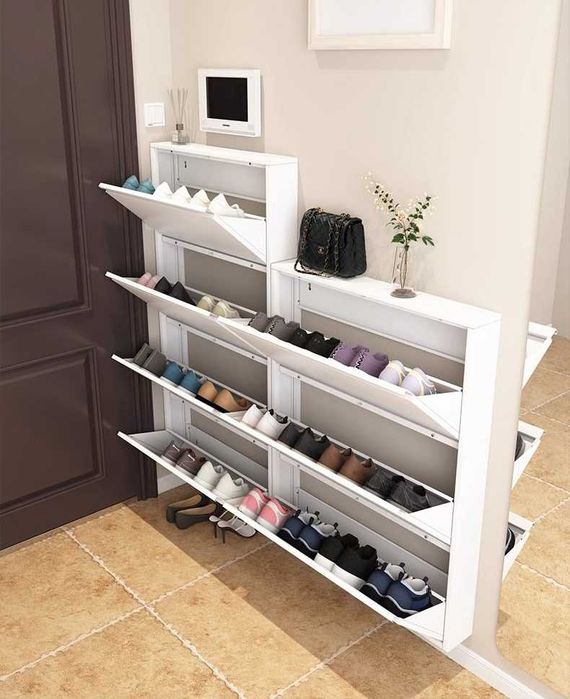 Узкая настенная обувница/Обувной шкаф настенный с полками