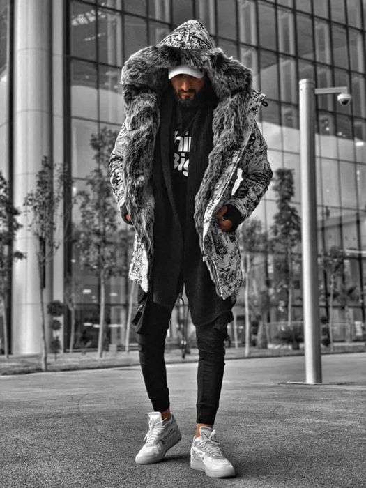 Parka lunga de iarna pentru barbati cu blana eco, L