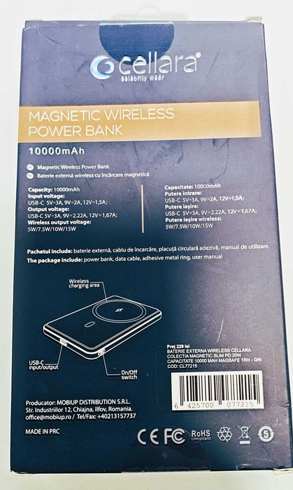 Baterie Externa Wireless  Magnetic Slim  10000 mAh Magsafe 15W - NOUA