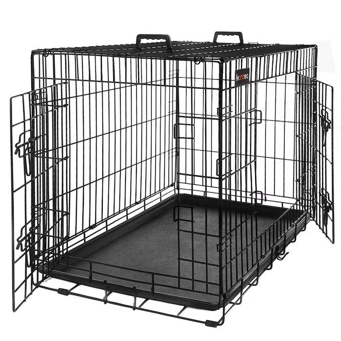 FEANDREA Cusca pentru animale, 2 usi, pliabila din metal, tava detasabila, XL, 107x70x78cm, negru