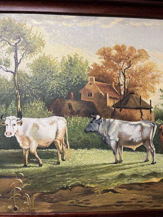 Стара картина/1946 г./-Селски пейзаж с маслени бои на дърво