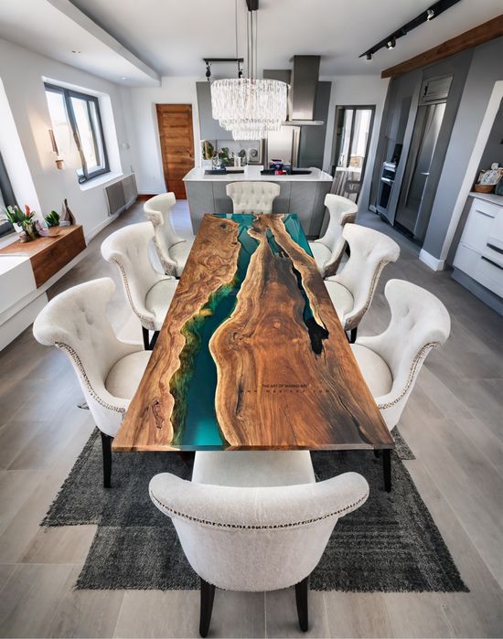 Маса от естествено дърво и епоксидна смола | Холна, трапезна маса