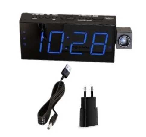 Ceas digital cu proiector LED, 18 cm, USB, DST, format 12/24h, negru