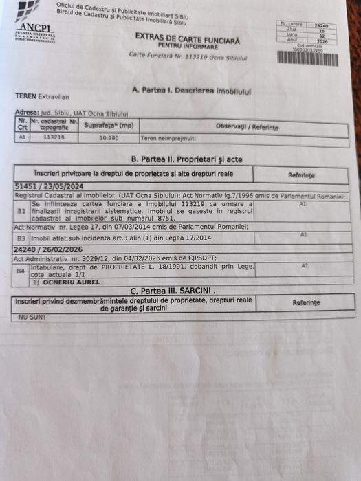 Teren extravilan Ocna Sibiului