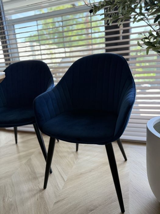 4 scaune de dining catifea albastra, picioare metalice
