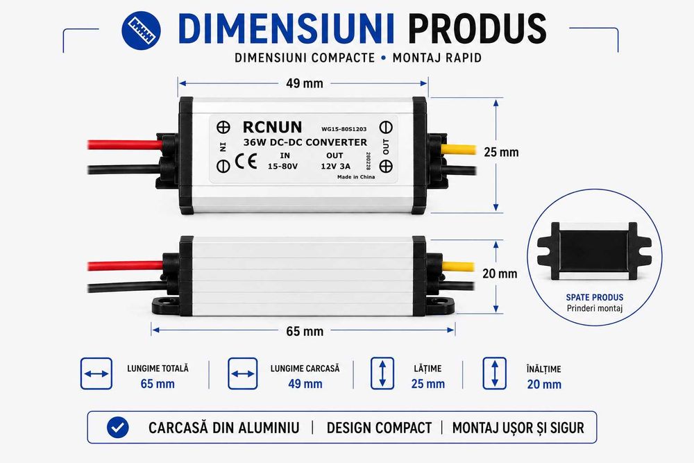Convertor Tensiune DC-DC 3A Slim 15V–80V la 12V pentru Trotinetă Electrică și Scuter Electric, pentru Semnalizări, Stop, Claxon și Alte Accesorii 12V