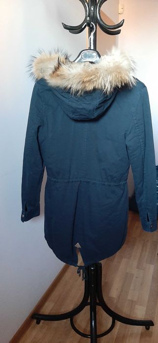 Тъмно синьо яке с кожена   качулка