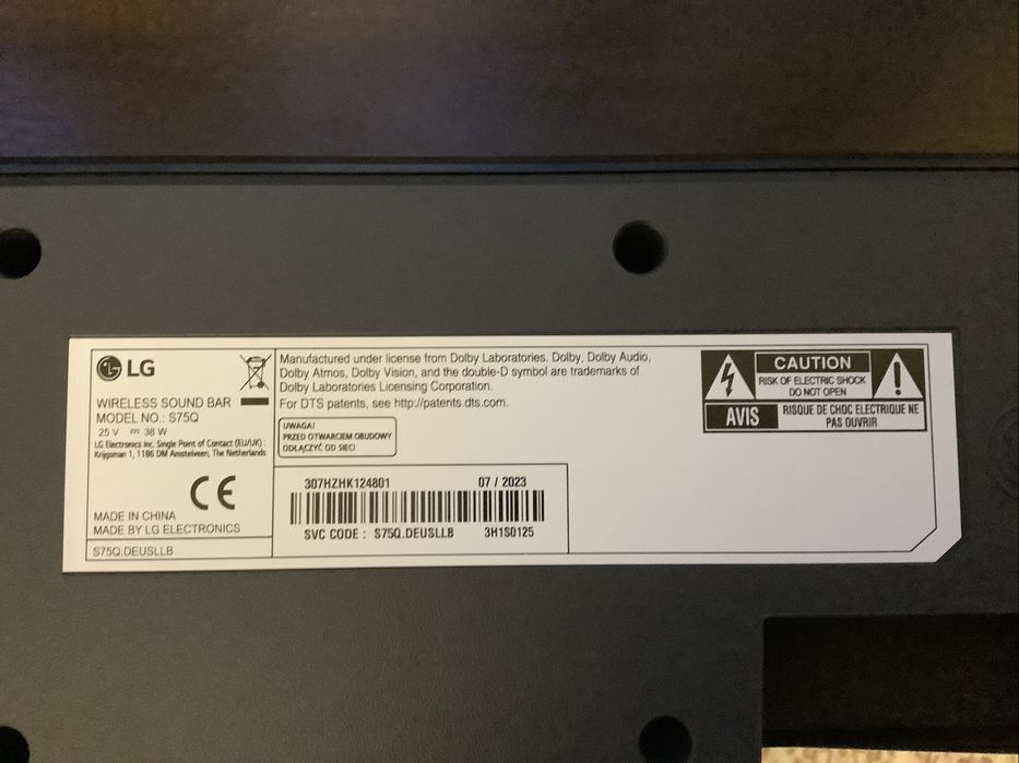 Soundbar LG S75Q cu subwoofer wireless 3.1.2, 380W