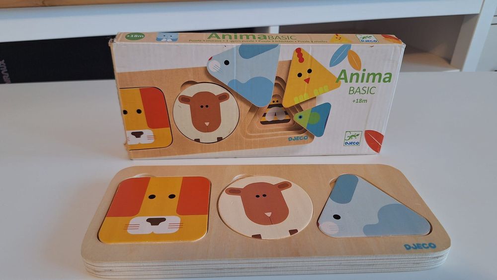 Puzzle lemn Djeco AnimaBasic (3 niveluri) – Complet, stare excelentă