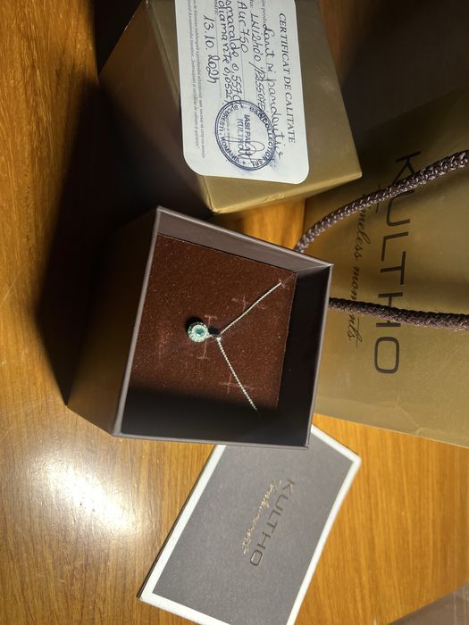 Lant si Pandantiv Smarald Diamant Aur alb 18k-  KULTHO