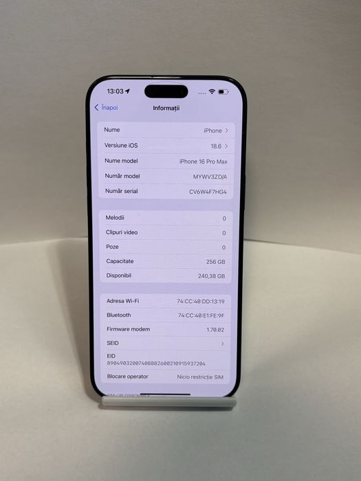 MDM vinde: Iphone 16 Pro Max, 256GB, Black Titanium.