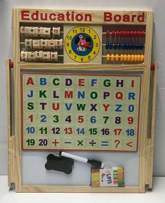 Дървена ученическа дъска с английска азбука и цифри,сметало и часовник