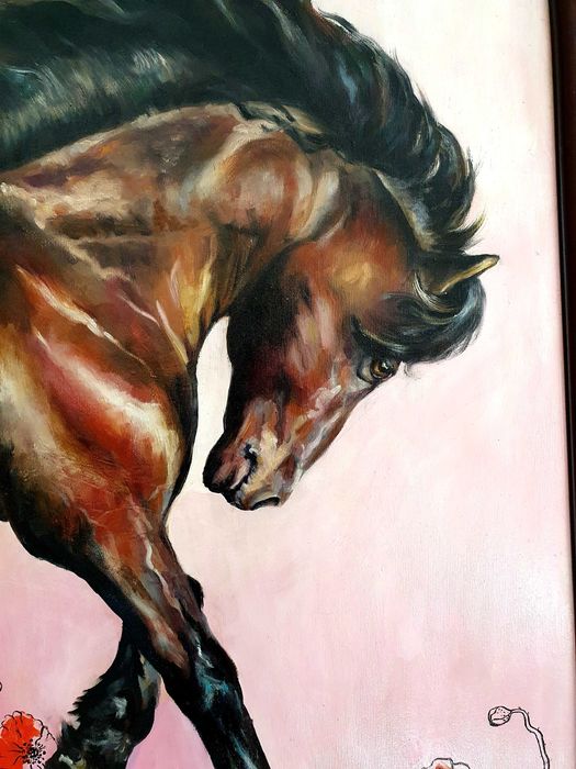Картина за подарък, маслени бои, кон, цветя, рамкирана