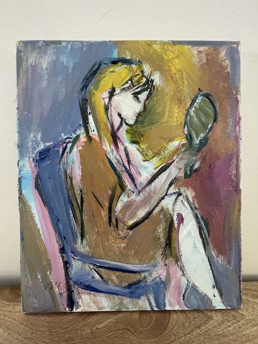Tablou Fata citind, panza pe sasiu de lemn, 30/20 cm