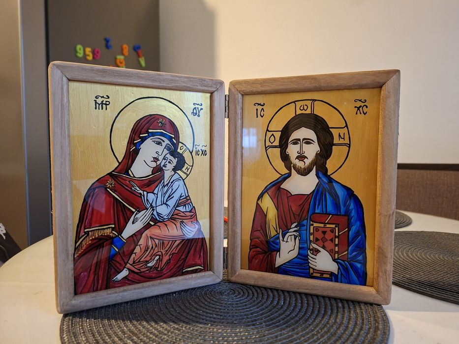 Icoana diptic Dulcea imbratisare si Iisus Patocrator