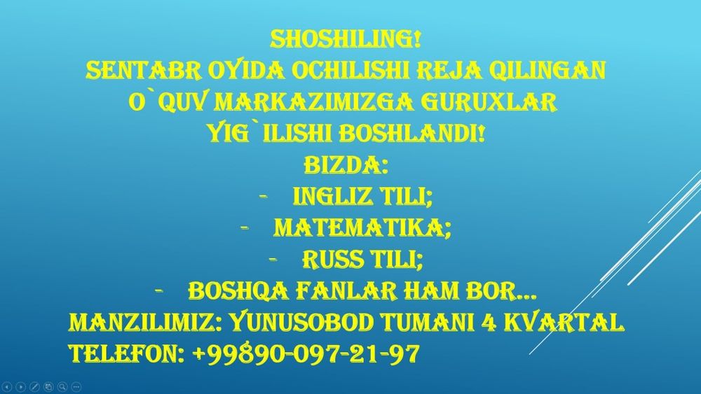 Sentabr oyida ochilishi reja qilingan o'quv markazimizga guruxlar'
