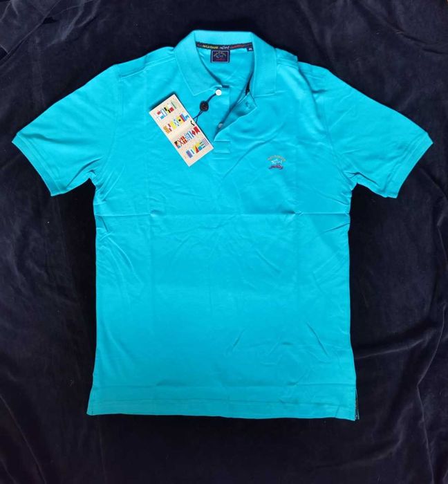 Tricou barbati maneca scurta alb turcoaz guler p&S