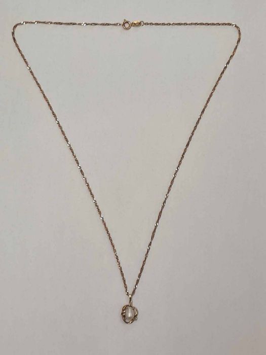 Lant si pandantiv din aur galben 14k, cu perla naturala si cubic