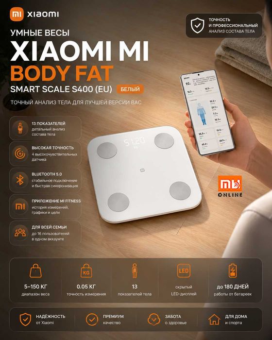 Умные весы Xiaomi Mi Body Fat Smart Scale S400  (EU белый) ГЛОБАЛ