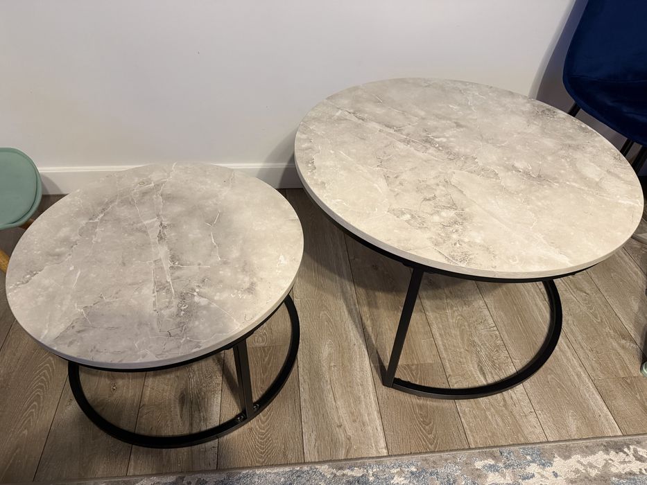 Homcom Set 2 Masute Rotunde pentru Cafea Metal + Marmura Gri/Negru