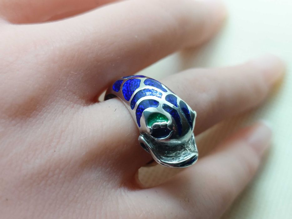 Inel din argint 925 reglabil, cu email albastru-verde, motiv pește