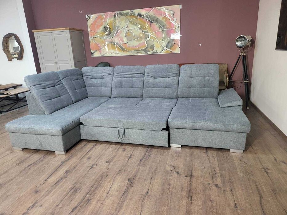 Светло сив П - образен ъглов диван Nixon с функция сън