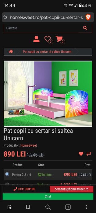 Pat copil fata unicorn 2-8 ani