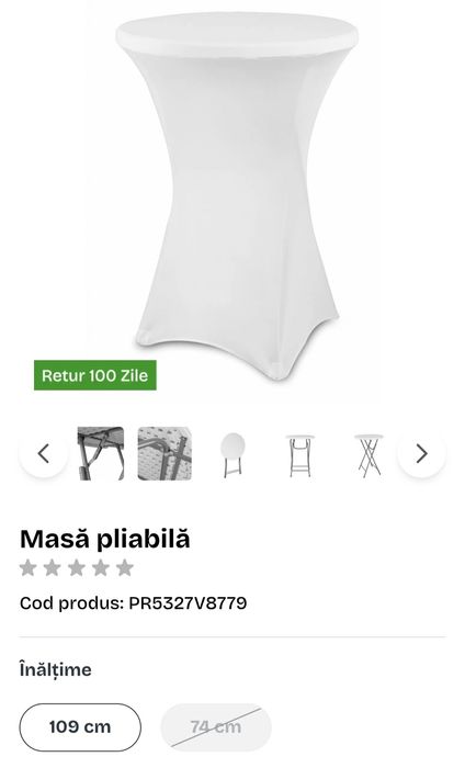 Inchiriere masa inalta pliabila cocktail+ husa alba stand demo, petrec