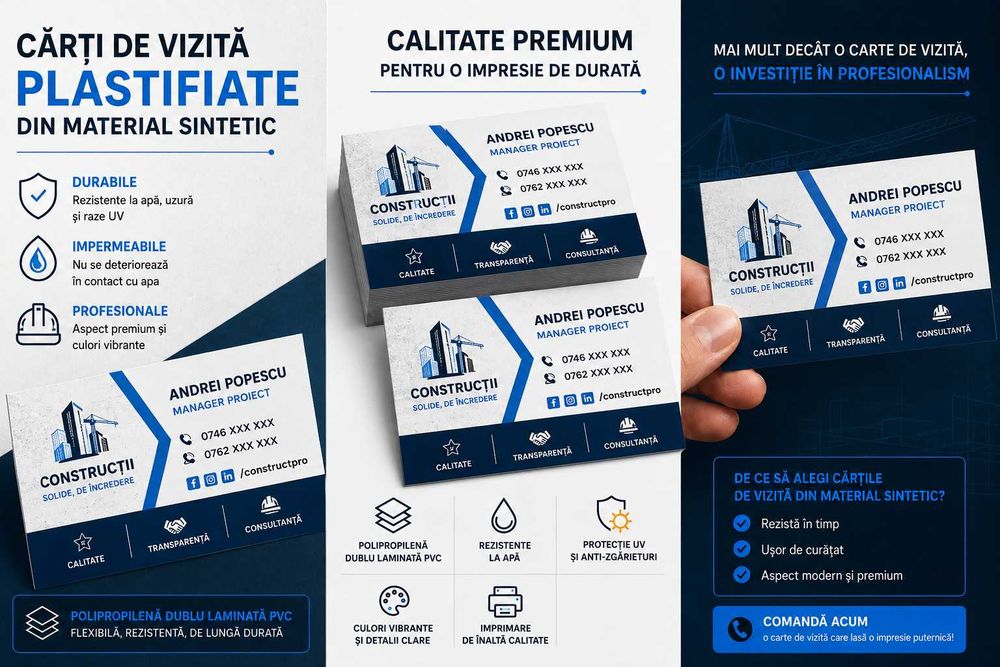 200 buc - Carti de vizita plastifiate personalizate, rezistente la apa si uzura, print color HD