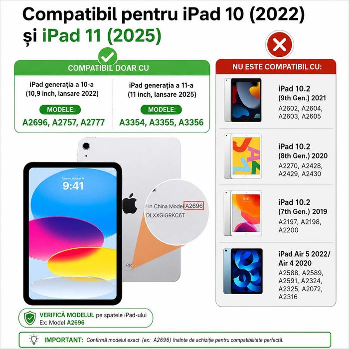Husă de protecție pentru iPad 11″ (generația 11, 2025 – A16) și iPad 10,9″ (generația 10, 2022), cu suport pliabil, spate ultra-subțire