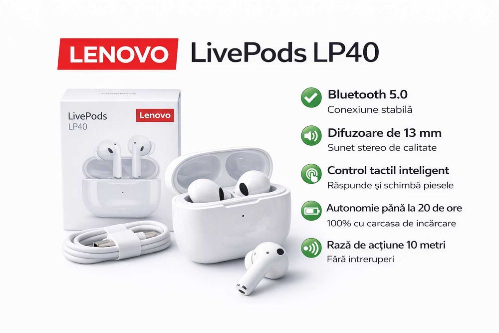 Căști Wireless Lenovo LivePods LP40 alb– originale în cutie, sigilate