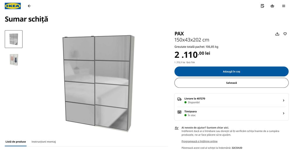 Dulap Ikea cu usi glisante si oglinda