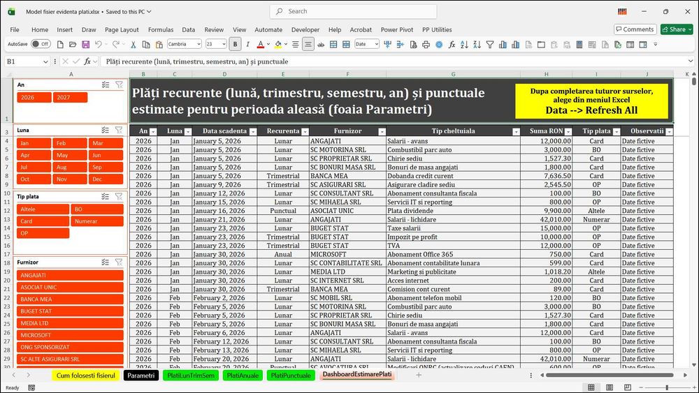 Model fisier Excel - gestionarea automatizată a plăților recurente