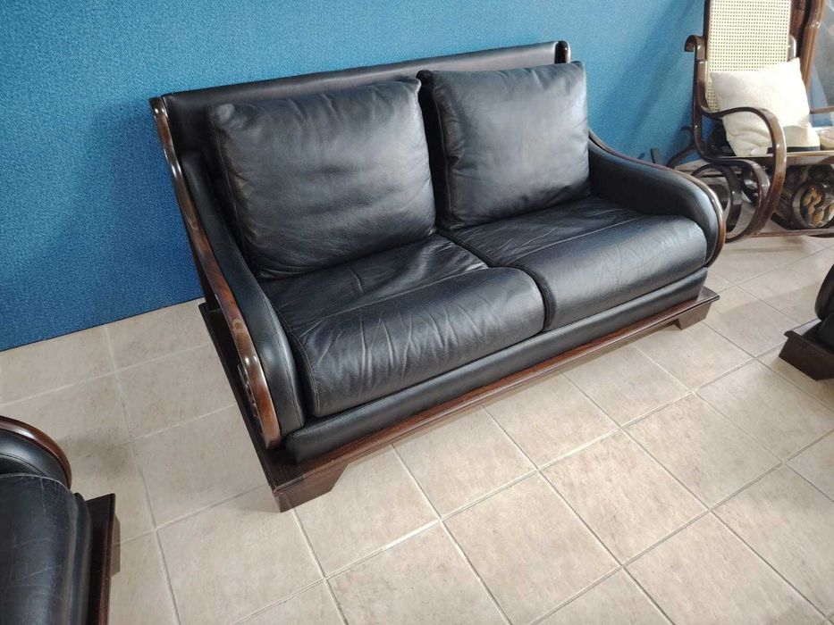 Set rar canapea si 2 fotolii lemn tec mahon piele naturala Danemarca