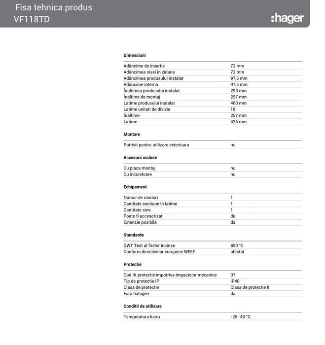 Tablou 18 module (1x18), montaj incastrat, Hager VF118TD, NOU