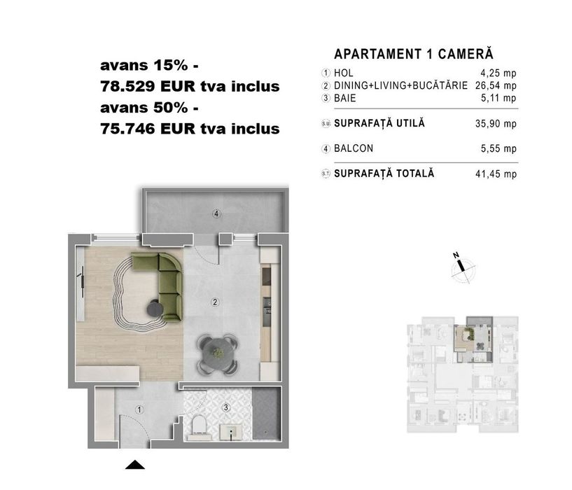 Metrou Berceni - Garsoniera 41mp - bloc boutique 2027