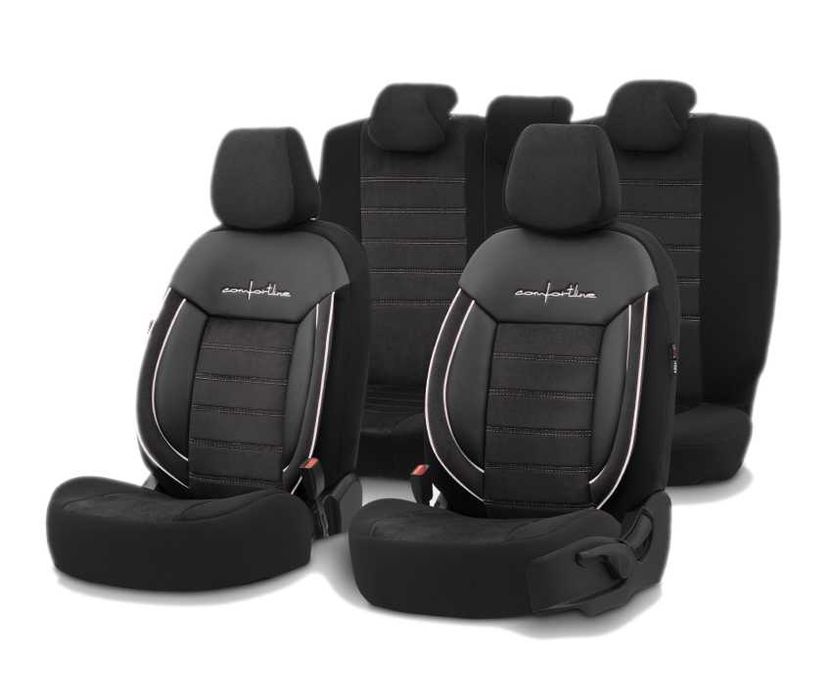 Луксозна Тапицерия OTOM текстил с еко кожа COMFORT LINE Design – Черна с бял шев