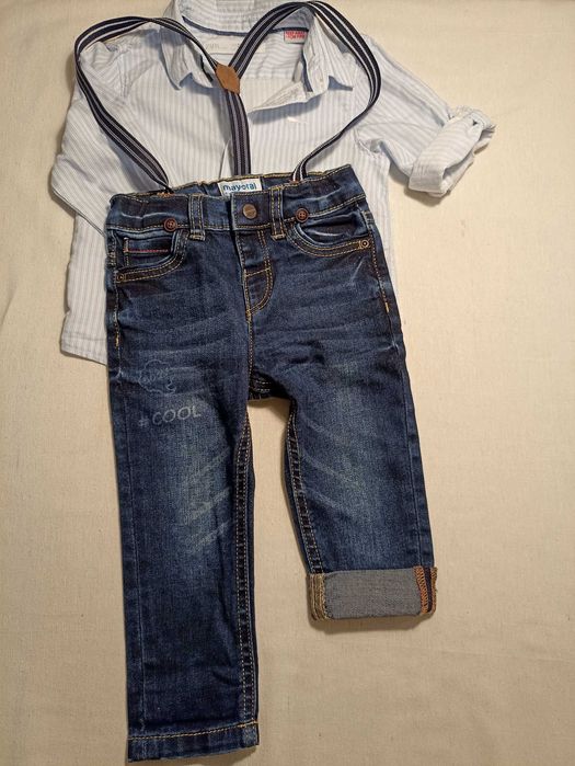 Бебешки комплект дънки, риза и жилетка. Zara и Mayoral, от 12 мес.