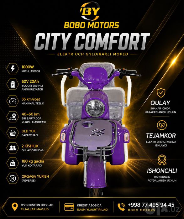 Elektr uch g'ildirakli moped- Bobo Motors