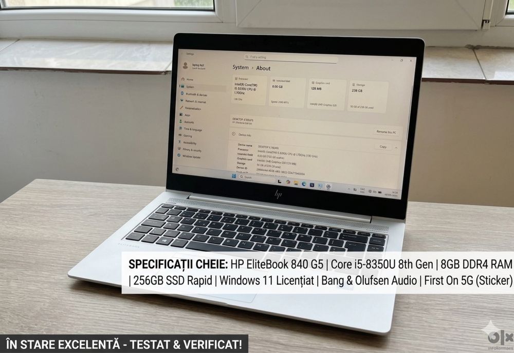 Laptop HP EliteBook 840 G5 | Intel Core i5-8350U | 8GB RAM | 256GB SSD | Windows 11 | Stare Impecabilă