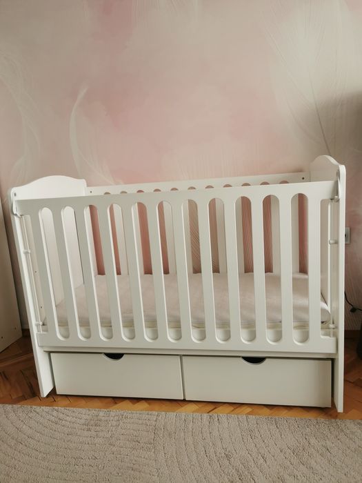 Дървена Бебешка кошара TELMA 60/120 - Бял цвят + двулицев  матрак
