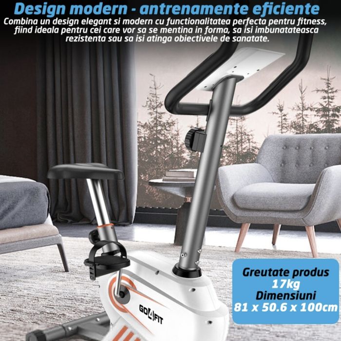 Bicicleta Magnetica Fitness GO4FIT®, Model GF100, Volanta 3 kg, 8 Niveluri Intensitate, Greutate Maxima 130 kg