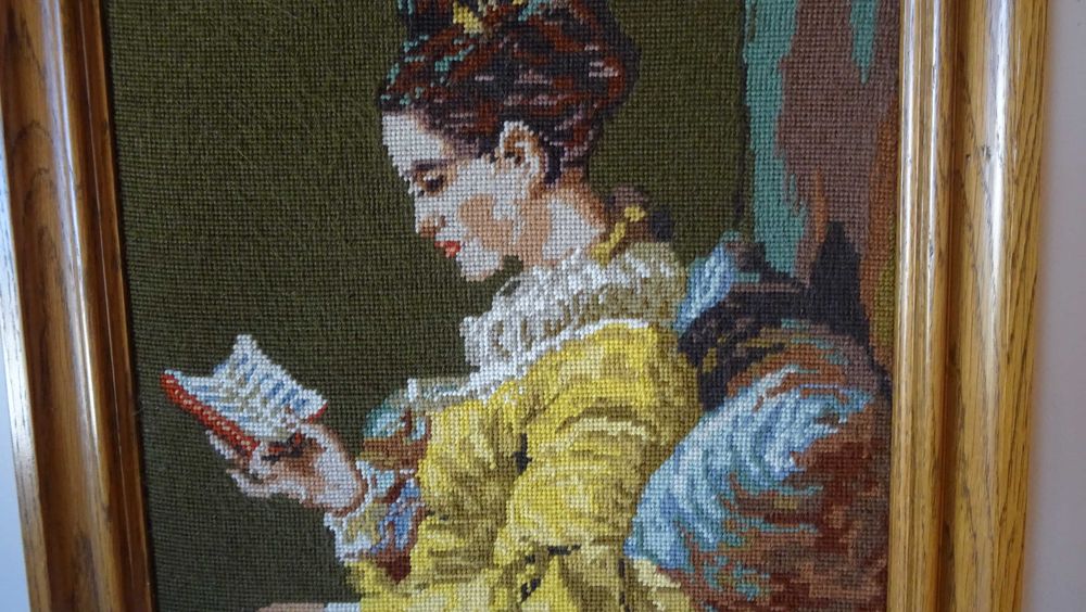 Гоблен „Момиче с книга“, едър бод, дебел вълнен конец.