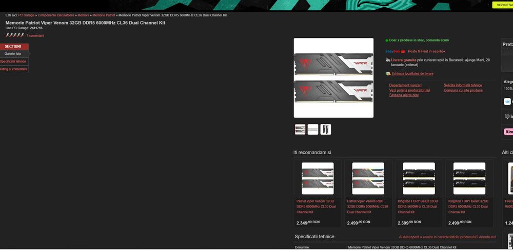 SCHIMB - RAMI, Patriot Viper Venom 32GB DDR5 6000MHz CL36