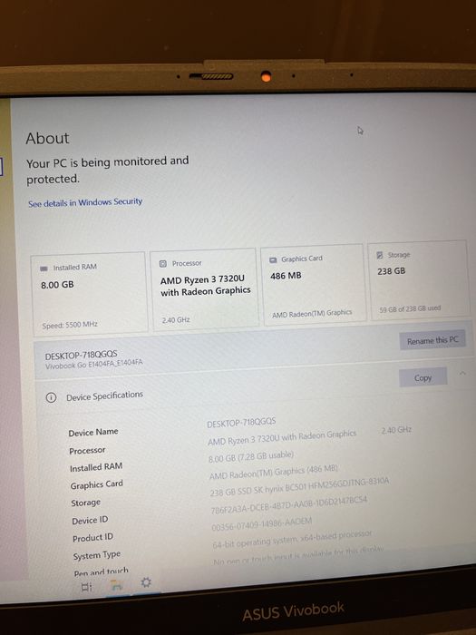 Laptop ASUS Vivobook Go Ryzen 3 7320U 8GB RAM 256GB SSD