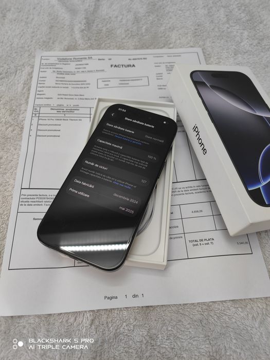 Vând iPhone 16 Pro 128GB Black Titanium  10/10 100%