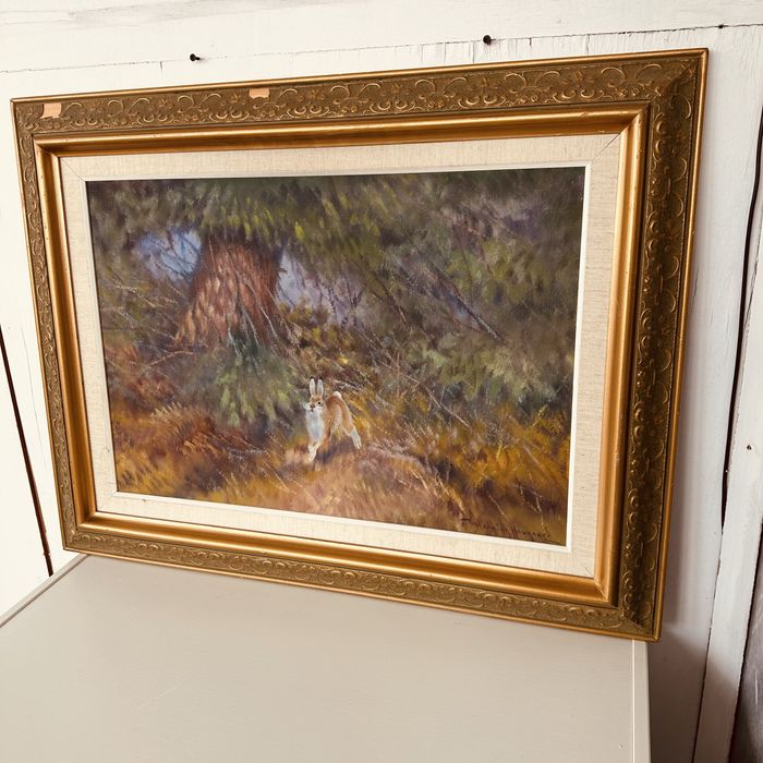 Голяма маслена картина с ловна тематика – заек в гора