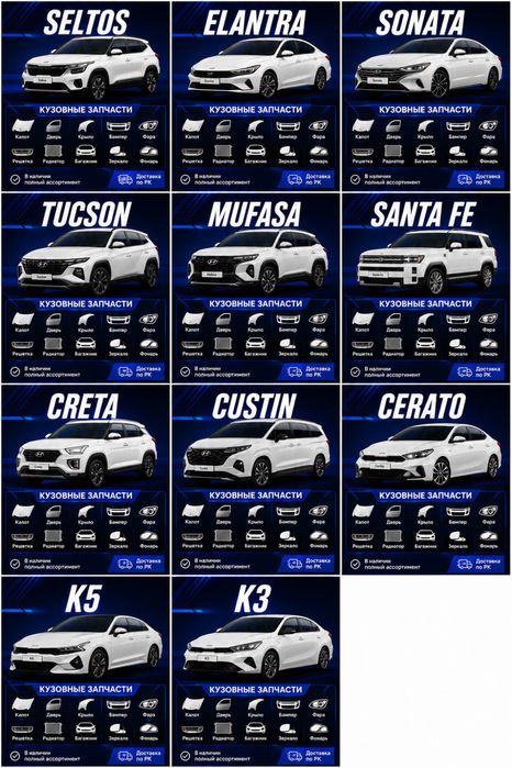 Запчасти на Elantra, Sonata, Tucson, Mufasa, Santa fe, Custin, Creta,